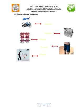 PRODUCTO INNOVADOR – MERCADEO
               BOXÈR CONTRA LA INCONTINENCIA URINARIA
                      MIGUEL ANDRES DELGADO CRUZ
13. Clasificación de productos




                                  13
 