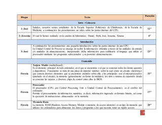 19
Bloque Texto
Duración
Intro / Cabecera
1: José
Saludos, nosotros somos estudiantes de la Escuela Superior Politécnica de Chimborazo, de la Escuela de
Medicina, a continuación les presentaremos un video sobre las partes internas del CPU,
12’’
2: Jessenia El cual lo hemos realizado en la catedra de Informática: Daniel, Ibeth, José, Jessenia, Ximena 4”
Introducción
3: José
A continuación les presentaremos una pequeña introducción sobre las partes internas de una CPU.
La Unidad Central de Proceso se encarga de recibir la información obtenida a través de las unidades de entrada
y/o unidades de almacenamiento, interpretando dicha información para codificarla al lenguaje que utiliza el
procesador mediante los programas seleccionados y su posterior almacenamiento.
23’’
Contenido
Fressia
Tarjeta Madre (motherboard):
Es el elemento principal de todo ordenador, en el que se encuentran o al que se conectan todos los demás aparatos
y dispositivos. Físicamente se trata de una placa de material sintético sobre la cual existe un circuito electrónico
que conecta diversos elementos que se encuentran anclados sobre ella, y los principales son: el microprocesador
(pinchado en el zócalo), la memoria (generalmente en forma de módulos), los slots o ranuras de expansión donde
se conectan las tarjetas, y diversos chips de control entre ellos la BIOS.
33’’
Fressia
Procesador
El procesador (CPU, por Central Processing Unit o Unidad Central de Procesamiento), es el cerebro del
ordenador.
Permite el procesamiento de información numérica, es decir, información ingresada en formato binario, así como
la ejecución de instrucciones almacenadas en la memoria.
17’’
Fressia
Memoria Ram:
La memoria RAM (Random Access Memory Module o memoria de acceso aleatorio) es un tipo de memoria que
utilizan los ordenadores para almacenar los datos y programas a los que necesita tener un rápido acceso.
20’’
 