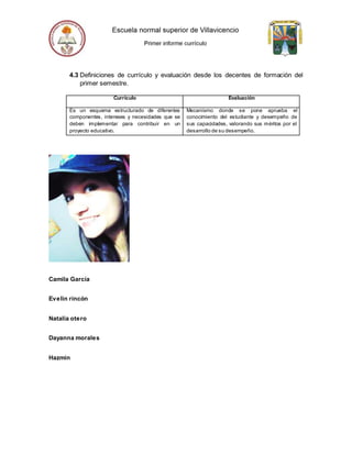 4.3 Definiciones de currículo y evaluación desde los decentes de formación del
primer semestre.
Currículo Evaluación
Es un esquema estructurado de diferentes
componentes, intereses y necesidades que se
deben implementar para contribuir en un
proyecto educativo.
Mecanismo donde se pone aprueba el
conocimiento del estudiante y desempeño de
sus capacidades, valorando sus méritos por el
desarrollo de su desempeño.
Camila García
Evelin rincón
Natalia otero
Dayanna morales
Hazmin
 