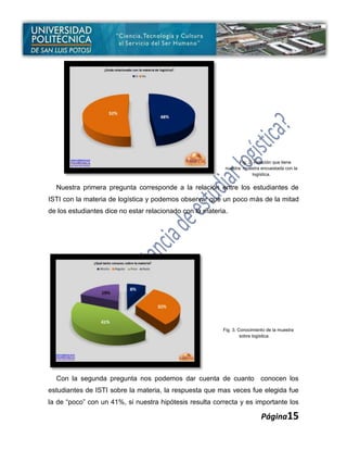 Fig. 2. Relación que tiene
                                                           nuestra muestra encuestada con la
                                                                         logística.


  Nuestra primera pregunta corresponde a la relación entre los estudiantes de
ISTI con la materia de logística y podemos observar que un poco más de la mitad
de los estudiantes dice no estar relacionado con la materia.




                                                          Fig. 3. Conocimiento de la muestra
                                                                   sobre logística.




  Con la segunda pregunta nos podemos dar cuenta de cuanto conocen los
estudiantes de ISTI sobre la materia, la respuesta que mas veces fue elegida fue
la de “poco” con un 41%, si nuestra hipótesis resulta correcta y es importante los

                                                                            Página15
 