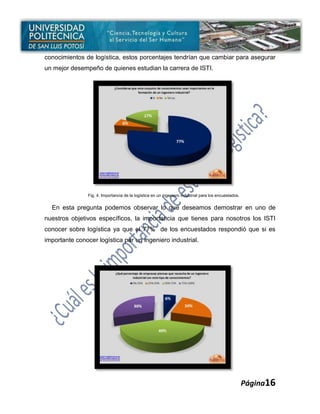 conocimientos de logística, estos porcentajes tendrían que cambiar para asegurar
un mejor desempeño de quienes estudian la carrera de ISTI.




                Fig. 4. Importancia de la logística en un ingeniero industrial para los encuestados.


  En esta pregunta podemos observar lo que deseamos demostrar en uno de
nuestros objetivos específicos, la importancia que tienes para nosotros los ISTI
conocer sobre logística ya que el 77% de los encuestados respondió que si es
importante conocer logística par un ingeniero industrial.




                                                                                                       Página16
 