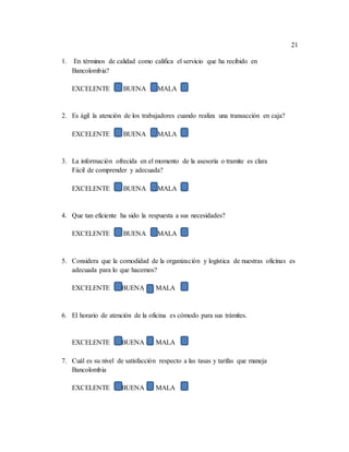 21
1. En términos de calidad como califica el servicio que ha recibido en
Bancolombia?
EXCELENTE BUENA MALA
2. Es ágil la atención de los trabajadores cuando realiza una transacción en caja?
EXCELENTE BUENA MALA
3. La información ofrecida en el momento de la asesoría o tramite es clara
Fácil de comprender y adecuada?
EXCELENTE BUENA MALA
4. Que tan eficiente ha sido la respuesta a sus necesidades?
EXCELENTE BUENA MALA
5. Considera que la comodidad de la organización y logística de nuestras oficinas es
adecuada para lo que hacemos?
EXCELENTE BUENA MALA
6. El horario de atención de la oficina es cómodo para sus trámites.
EXCELENTE BUENA MALA
7. Cuál es su nivel de satisfacción respecto a las tasas y tarifas que maneja
Bancolombia
EXCELENTE BUENA MALA
 