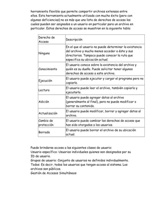 herramienta flexible que permite compartir archivos extensos entre
ellos. Esta herramienta actualmente utilizada con mucho éxito (pero con
algunas deficiencias) no es más que una lista de derechos de acceso los
cuales pueden ser asignados a un usuario en particular para un archivo en
particular. Estos derechos de acceso se muestran en la siguiente tabla:


     Derecho de
                         Descripción
     Acceso
                         En el que el usuario no puede determinar la existencia
                         del archivo y mucho menos acceder a éste y sus
     Ninguno
                         directorios. Tampoco puede conocer la ruta que
                         especifica su ubicación actual.
                         El usuario conoce sobre la existencia del archivo y
     Conocimiento        quién es su dueño. Puede solicitar tener algunos
                         derechos de acceso a este archivo.
                         El usuario puede ejecutar y cargar el programa pero no
     Ejecución
                         copiarlo.
                         El usuario puede leer el archivo, también copiarlo y
     Lectura
                         ejecutarlo.
                         El usuario puede agregar datos al archivo
     Adición             (generalmente al final), pero no puede modificar o
                         borrar su contenido.
                         El usuario puede modificar, borrar y agregar datos al
     Actualización
                         archivo.
     Cambio de           El usuario puede cambiar los derechos de acceso que
     protección          han sido otorgados a los usuarios.
                         El usuario puede borrar el archivo de su ubicación
     Borrado
                         actual.



Puede brindarse acceso a las siguientes clases de usuario:
Usuario específico: Usuarios individuales quienes son designados por su
ID de usuario.
Grupos de usuario: Conjunto de usuarios no definidos individualmente.
Todos: Es decir, todos los usuarios que tengan acceso al sistema. Los
archivos son públicos.
Gestión de Accesos Simultáneos:
 