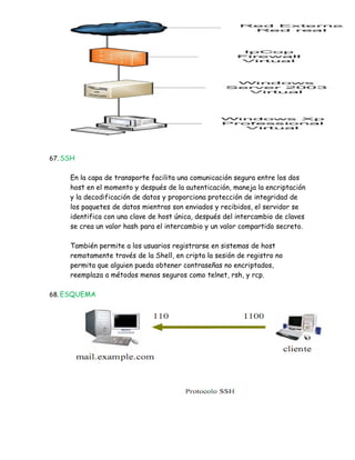 67. SSH


     En la capa de transporte facilita una comunicación segura entre los dos
     host en el momento y después de la autenticación, maneja la encriptación
     y la decodificación de datos y proporciona protección de integridad de
     los paquetes de datos mientras son enviados y recibidos, el servidor se
     identifica con una clave de host única, después del intercambio de claves
     se crea un valor hash para el intercambio y un valor compartido secreto.

     También permite a los usuarios registrarse en sistemas de host
     remotamente través de la Shell, en cripta la sesión de registro no
     permita que alguien pueda obtener contraseñas no encriptados,
     reemplaza a métodos menos seguros como telnet, rsh, y rcp.

68. ESQUEMA
 