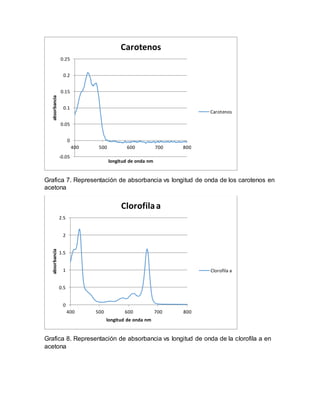Grafica 7. Representación de absorbancia vs longitud de onda de los carotenos en
acetona
Grafica 8. Representación de absorbancia vs longitud de onda de la clorofila a en
acetona
-0.05
0
0.05
0.1
0.15
0.2
0.25
400 500 600 700 800
absorbancia
longitud de onda nm
Carotenos
Carotenos
0
0.5
1
1.5
2
2.5
400 500 600 700 800
absorbancia
longitud de onda nm
Clorofilaa
Clorofila a
 