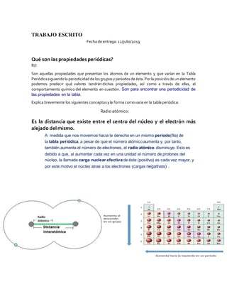 TRABAJO ESCRITO
Fecha de entrega: 12/julio/2019
Qué son las propiedades periódicas?
R//:
Son aquellas propiedades que presentan los átomos de un elemento y que varían en la Tabla
Periódicasiguiendola periodicidad de losgruposyperiodosde ésta.Porla posición de unelemento
podemos predecir qué valores tendrán dichas propiedades, así como a través de ellas, el
comportamiento químico del elemento en cuestión. Son para encontrar una periodicidad de
las propiedades en la tabla.
Explica brevemente los siguientes conceptosyla forma comovaria en la tabla periódica:
Radio atómico:
Es la distancia que existe entre el centro del núcleo y el electrón más
alejado del mismo.
A medida que nos movemos hacia la derecha en un mismo periodo(fila) de
la tabla periódica, a pesar de que el número atómico aumenta y, por tanto,
también aumenta el número de electrones, el radio atómico disminuye. Esto es
debido a que, al aumentar cada vez en una unidad el número de protones del
núcleo, la llamada carga nuclear efectiva de éste (positiva) es cada vez mayor, y
por este motivo el núcleo atrae a los electrones (cargas negativas) .
 