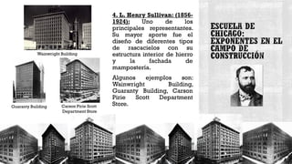 4. L. Henry Sullivan: (1856-
1924): Uno de los
principales representantes.
Su mayor aporte fue el
diseño de diferentes tipos
de rascacielos con su
estructura interior de hierro
y la fachada de
mampostería.
Algunos ejemplos son:
Wainwright Building,
Guaranty Building, Carson
Pirie Scott Department
Store.
Wainwright Building
Guaranty Building Carson Pirie Scott
Department Store
 