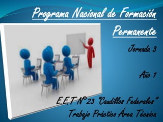 Programa Nacional de Formación
Permanente
Jornada 3
Año 1
E.E.T N°23 “Caudillos Federales”
Trabajo Práctico Área Técnica
 