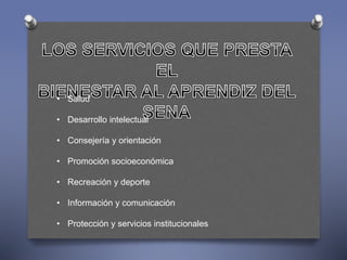 • Salud 
• Desarrollo intelectual 
• Consejería y orientación 
• Promoción socioeconómica 
• Recreación y deporte 
• Información y comunicación 
• Protección y servicios institucionales 
 