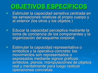 OBJETIVOS ESPECÍFICOS Estimular la capacidad sensitiva centrada en las sensaciones relativas al propio cuerpo y al exterior (los otros y los objetos.)  Educar la capacidad perceptiva mediante la toma de conciencia de los componentes y la organización del esquema corporal.  Estimular la capacidad representativa o simbólica y la operativa concreta: los movimientos son representados o expresados mediante signos gráficos, símbolos, planos, manipulaciones de objetos real y mentalmente para luego realizar operaciones concretas.  