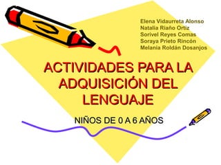 ACTIVIDADES PARA LAACTIVIDADES PARA LA
ADQUISICIÓN DELADQUISICIÓN DEL
LENGUAJELENGUAJE
NIÑOS DE 0 A 6 AÑOSNIÑOS DE 0 A 6 AÑOS
Elena Vidaurreta Alonso
Natalia Riaño Ortíz
Sorivel Reyes Comas
Soraya Prieto Rincón
Melania Roldán Dosanjos
 