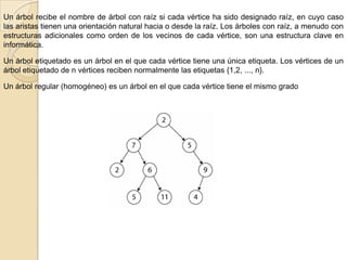 ARBOLESUn grafo que no tiene ciclos y que conecta a todos los puntos, se llama un árbol. En un grafo con n vértices, los árboles tienen exactamente n - 1 aristas, y hay nn-2 árboles posibles. Su importancia radica en que los árboles son grafos que conectan todos los vértices utilizando el menor número posible de aristas. Un importante campo de aplicación de su estudio se encuentra en el análisis filogenético, el de la filiación de entidades que derivan unas de otras en un proceso evolutivo, que se aplica sobre todo a la averiguación del parentesco entre especies; aunque se ha usado también, por ejemplo, en el estudio del parentesco entre lenguas.Un árbol dirigido es un grafo dirigido que sería un árbol si no se consideraran las direcciones de las aristas. Algunos autores restringen la frase al caso en el que todos las aristas se dirigen a un vértice particular, o todas sus direcciones parten de un vértice particular.