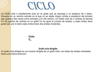 CAMINOUn camino en un grafo es una sucesión finita en la que aparecen alternadamente vértices y aristas de dicho grafo. Otras definiciones básicas son:Los extremos son los vértices iniciales y final del camino.La longitud de un camino es el número de aristas que contiene.Un camino es cerrado si sus extremos coinciden.Un camino es simple si en la sucesión de vértices no hay ninguno repetido.Un ciclo es un camino cerrado donde los únicos vértices repetidos son el primero y el último.Un circuito es un camino cerrado que no repite aristas.Si en un grafo existe un camino que conecta dos vértices distintos, entonces existe un camino simple con extremos en dichos vértices.