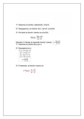1º. Hacemos el cambio, obteniendo: x=3y+5.
2º. Despejamos y en función de x: 3y=x-5; y=(x-5)/3.
3º. Por tanto la función inversa es y=(x-5)/3.
Ejemplo 2: Calcular la siguiente función inversa:
1º. Hacemos el cambio de y por x:
2º. Despejamos la y:
3º. Finalmente, la función inversa es:
 