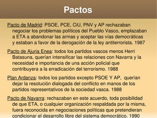    
Pactos
Pacto de Madrid: PSOE, PCE, CiU, PNV y AP rechazaban 
negociar los problemas políticos del Pueblo Vasco, emplazaban 
a ETA a abandonar las armas y aceptar las vías democráticas 
y estaban a favor de la derogación de la ley antiterrorista. 1987
Pacto de Ajuria Enea: todos los partidos vascos menos Herri 
Batasuna, querían intensificar las relaciones con Navarra y la 
necesidad e importancia de una acción policial que 
contribuyera a la erradicación del terrorismo. 1988
Plan Ardanza: todos los partidos excepto PSOE Y AP,  querían 
dejar la resolución dialogada del conflicto en manos de los 
partidos representativos de la sociedad vasca. 1988
Pacto de Navarra: rechazaban en este acuerdo, toda posibilidad 
de que ETA, o cualquier organización respaldada por la misma, 
fuera reconocida en negociaciones políticas que pretendieran 
condicionar el desarrollo libre del sistema democrático. 1990
 