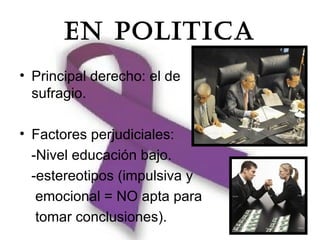 EN POLITICA
• Principal derecho: el de
  sufragio.

• Factores perjudiciales:
  -Nivel educación bajo.
  -estereotipos (impulsiva y
   emocional = NO apta para
   tomar conclusiones).
 