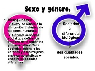 Sexo y género.
• Distinguir entre:
   Sexo: se refiere a la    • Sociedad
  dimensión biológica de
  los seres humanos
   Género: concepto          diferencias
  social que define los       biológicas
  ámbitos de lo femenino
  y lo masculino. Cada
  sociedad asigna a los
  varones y a las mujeres   desigualdades
  unas características y
  unos roles sociales          sociales.
  diferentes.
 