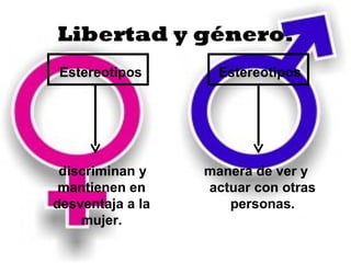 Libertad y género.
Estereotipos        Estereotipos




 discriminan y    manera de ver y
 mantienen en     actuar con otras
desventaja a la      personas.
    mujer.
 