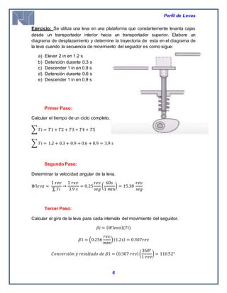 Perfil de Levas
6
Ejercicio: Se utiliza una leva en una plataforma que constantemente levanta cajas
desde un transportador interior hacia un transportador superior. Elabore un
diagrama de desplazamiento y determine la trayectoria de esta en el diagrama de
la leva cuando la secuencia de movimiento del seguidor es como sigue:
a) Elevar 2 in en 1.2 s
b) Detención durante 0.3 s
c) Descender 1 in en 0.9 s
d) Detención durante 0.6 s
e) Descender 1 in en 0.9 s
Primer Paso:
Calcular el tiempo de un ciclo completo.
∑ 𝑇𝑖 = 𝑇1 + 𝑇2 + 𝑇3 + 𝑇4 + 𝑇5
∑ 𝑇𝑖 = 1.2 + 0.3 + 0.9 + 0.6 + 0.9 = 3.9 𝑠
Segundo Paso:
Determinar la velocidad angular de la leva.
𝑊𝑙𝑒𝑣𝑎 =
1 𝑟𝑒𝑣
∑ 𝑇𝑖
→
1 𝑟𝑒𝑣
3.9 𝑠
= 0.25
𝑟𝑒𝑣
𝑠𝑒𝑔
(
60𝑠
1 𝑚𝑖𝑛
) = 15.38
𝑟𝑒𝑣
𝑠𝑒𝑔
Tercer Paso:
Calcular el giro de la leva para cada intervalo del movimiento del seguidor.
𝛽𝑖 = ( 𝑊𝑙𝑒𝑣𝑎)(𝑇𝑖)
𝛽1 = (0.256
𝑟𝑒𝑣
𝑚𝑖𝑛
)(1.2𝑠) = 0.307𝑟𝑒𝑣
𝐶𝑜𝑛𝑣𝑒𝑟𝑠𝑖ó𝑛 𝑦 𝑟𝑒𝑠𝑢𝑙𝑡𝑎𝑑𝑜 𝑑𝑒 𝛽1 = (0.307 𝑟𝑒𝑣)(
360°
1 𝑟𝑒𝑣
) = 110.52°
 