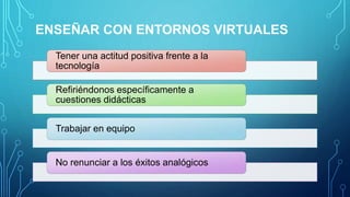 ENSEÑAR CON ENTORNOS VIRTUALES
Tener una actitud positiva frente a la
tecnología
Refiriéndonos específicamente a
cuestiones didácticas
Trabajar en equipo
No renunciar a los éxitos analógicos
 