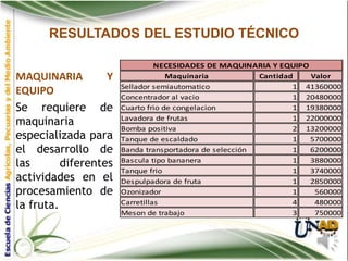 RESULTADOS DEL ESTUDIO TÉCNICO

                                 NECESIDADES DE MAQUINARIA Y EQUIPO
MAQUINARIA         Y                Maquinaria           Cantidad   Valor
                       Sellador semiautomatico                   1 41360000
EQUIPO                 Concentrador al vacio                     1 20480000
Se requiere de         Cuarto frio de congelacion                1 19380000

maquinaria             Lavadora de frutas                        1 22000000
                       Bomba positiva                            2 13200000
especializada para     Tanque de escaldado                       1  5700000
el desarrollo de       Banda transportadora de selección         1  6200000

las       diferentes   Bascula tipo bananera                     1  3880000
                       Tanque frio                               1  3740000
actividades en el      Despulpadora de fruta                     1  2850000
procesamiento de       Ozonizador                                1   560000
la fruta.              Carretillas                               4   480000
                       Meson de trabajo                          3   750000
 