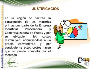 JUSTIFICACIÓN

En la región se facilita la
consecución de las materias
primas por parte de la Empresa
Industrial     Procesadora      y
Comercializadora de Frutas y por
su    ubicación,     los   costos
disminuyen, adquiriéndose a un
precio     conveniente   y    por
consiguiente estos costos hacen
que se pueda competir en el
mercado
 