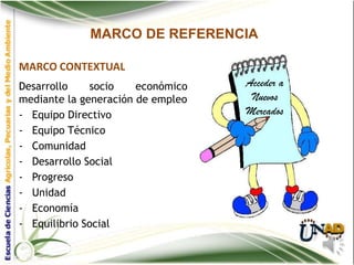 MARCO DE REFERENCIA

MARCO CONTEXTUAL
Desarrollo    socio    económico   Acceder a
mediante la generación de empleo    Nuevos
- Equipo Directivo                 Mercados
- Equipo Técnico
- Comunidad
- Desarrollo Social
- Progreso
- Unidad
- Economía
- Equilibrio Social
 