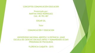 CONCEPTOS COMUNICACIÓN-EDUCACION
Presentado por:
MARTHA YINED RODRIGUEZ
Cód. 40.783.487
EDGAR GIL
Tutor
COMUNICACIÓN Y EDUCACION
UNIVERSIDAD NACIONAL ABIERTA Y A DISTANCIA –UNAD
ESCUELA DE CIENCIAS SOCIALES ARTES Y HUMANIDADES ECSAH
PROGRAMA DE PSICOLOGÍA
FLORENCIA-CAQUETA - 2015
 