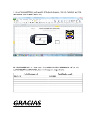 Y POR ULTIMO INSERTAMOS UNA IMAGEN DE ALGUNA CONSOLA PORTATIL PARA QUE NUESTRO
TRIKI QUEDE MUY BIEN DECORADO ASI :

ENTONCES CREAREMOS LA TABLA PARA LOS PUNTAJES OBTENIDOS PARA CADA UNO DE LOS
JUGADORES (IMAGEN SACADA DE, teknonicolasesguerra.blogspot.com):

GRACIAS

 