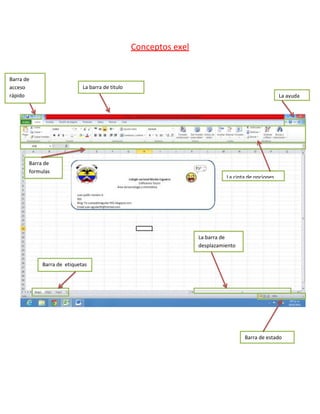 Conceptos exel
Barra de
acceso
rápido
La barra de titulo
La ayuda
Barra de
formulas
La cinta de opciones
La barra de
desplazamiento
Barra de etiquetas
Barra de estado