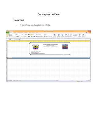 Conceptos de Excel
Columna
Es identificada por el uso de letras infinitas