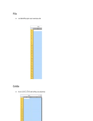 Fila
se identifica por uso nuerossu de
Celda
Es la
unión de la fila y la columna
