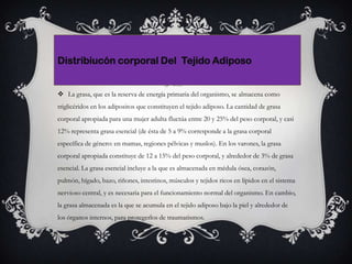  La grasa, que es la reserva de energía primaria del organismo, se almacena como
triglicéridos en los adipositos que constituyen el tejido adiposo. La cantidad de grasa
corporal apropiada para una mujer adulta fluctúa entre 20 y 25% del peso corporal, y casi
12% representa grasa esencial (de ésta de 5 a 9% corresponde a la grasa corporal
específica de género: en mamas, regiones pélvicas y muslos). En los varones, la grasa
corporal apropiada constituye de 12 a 15% del peso corporal, y alrededor de 3% de grasa
esencial. La grasa esencial incluye a la que es almacenada en médula ósea, corazón,
pulmón, hígado, bazo, riñones, intestinos, músculos y tejidos ricos en lípidos en el sistema
nervioso central, y es necesaria para el funcionamiento normal del organismo. En cambio,
la grasa almacenada es la que se acumula en el tejido adiposo bajo la piel y alrededor de
los órganos internos, para protegerlos de traumatismos.
Distribiucón corporal Del Tejido Adiposo
 