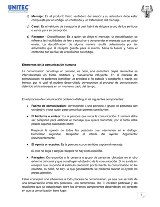 c) Mensaje: Es el producto físico verdadero del emisor y su estructura debe estar
      compuesta por un código, un contenido y un tratamiento del mensaje.

   d) Canal: Es el vehículo de transporte el cual habrá de dirigirse a uno de los sentidos
      o varios para su percepción.

   e) Receptor - Decodificador: Es a quien se dirige el mensaje, la decodificación se
      refiere a las habilidades de leer y escuchar y comprender el mensaje que se quiso
      enviar. La decodificación de alguna manera resulta determinada por las
      actividades que el receptor guarde para si mismo, hacia la fuente y hacia el
      contenido por su nivel de crecimiento del código.



Elementos de la comunicación humana

La comunicación constituye un proceso, es decir, una estructura cuyos elementos se
interrelacionan en forma dinámica y mutuamente influyente. En el proceso de
comunicación no podemos identificar un principio o fin estable y constante a través del
tiempo, por lo cual el modelo desarrollado corresponde al proceso de comunicación
detenido arbitrariamente en un momento dado del tiempo.



En el proceso de comunicación podemos distinguir los siguientes componentes:

       Fuente de comunicación: corresponde a una persona o grupo de personas con
       un objetivo y una razón para comunicar quienes constituyen:

       El hablante o emisor: Es la persona que inicia la comunicación. El emisor debe
       ser perspicaz para elaborar el mensaje que quiere transmitir, por lo tanto debe
       poseer algunas cualidades como:

      Respetar la opinión de todas las personas que intervienen en el dialogo.
      Demostrar seguridad. Despertar el interés del oyente. Argumentar
      convincentemente

       El oyente o receptor: Es la persona cuyos sentidos captan el mensaje.

      Si este no llega a ningún receptor no hay comunicación.

       Receptor: Corresponde a la persona o grupo de personas ubicadas en el otro
       extremo del canal y que constituyen el objetivo de la comunicación. Si no existe un
       receptor que responda al estimulo producido por la fuente, la comunicación no ha
       ocurrido, es decir, no hay, lo que generalmente se presenta cuando el oyente no
       presta atención.

Estos conceptos son inherentes a todo proceso de comunicación, ya sea que se trate de
una conversación entre dos personas, una conferencia, etc. El carácter particular y las
relaciones que se establezcan entre los diversos componentes dependerán del contexto
en que la comunicación tiene lugar.
                                                                                             3
 
