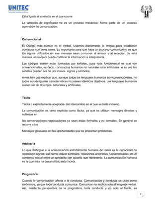 Está ligada al contexto en el que ocurre

La creación de significado no es un proceso mecánico; forma parte de un proceso
aprendido de comunicación.



Convencional

El Código más común es el verbal. Usamos diariamente la lengua para establecer
contactos con otros seres. Lo importante para que haya un proceso comunicativo es que
los signos utilizados en ese mensaje sean comunes al emisor y al receptor; de esta
manera, el receptor puede codificar la información e interpretarla.

Los códigos suelen estar formados por señales, cuya nota fundamental es que son
convencionales, es decir, constructos humanos no naturales sino artificiales. A su vez las
señales pueden ser de dos clases: signos y símbolos.

Antes hay que explicar que, aunque todos los lenguajes humanos son convencionales, no
todos son de iguales características ni poseen idénticos objetivos. Los lenguajes humanos
suelen ser de dos tipos: naturales y artificiales.



Tácita

Tácita o explícitamente aceptada- del intercambio en el que se halla inmerso.

La comunicación es tanto explicita como tácita, ya que se utilizan mensajes directos y
sutilezas en

las conversaciones-negociaciones ya sean estas formales y no formales. En general se
recurre a los

Mensajes gestuales en las oportunidades que se presentan problemas.



Arbitraria

Lo que distingue a la comunicación estrictamente humana del resto es la capacidad de
reproducir signos; así como utilizar símbolos, relaciones arbitrarias fundamentadas en un
consenso social entre un concepto con aquello que representa. La comunicación humana
es la que más ha desarrollado esta faceta.



Pragmático

Cuando la comunicación afecta a la conducta. Comunicación y conducta se usan como
sinónimos, ya que toda conducta comunica. Comunicar no implica solo el lenguaje verbal.
Así, desde la perspectiva de la pragmática, toda conducta y no solo el habla, es
                                                                                             6
 