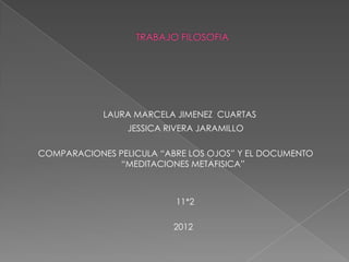 LAURA MARCELA JIMENEZ CUARTAS
                 JESSICA RIVERA JARAMILLO

COMPARACIONES PELICULA “ABRE LOS OJOS” Y EL DOCUMENTO
              “MEDITACIONES METAFISICA”



                           11*2

                          2012
 