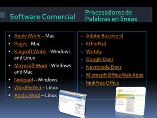 Procesadoresde Palabras en líneas SoftwareComercialApple iWork – MacPages - MacKingsoft Writer - Windows and LinuxMicrosoft Word - Windows and MacNotepad – WindowsWordPerfect – LinuxApplix Word – LinuxAdobe BuzzwordEtherPadWritelyGoogle DocsNevrocodeDocsMicrosoftOffice Web AppshinkFree Office