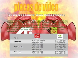 Los dos principales fabricantes de chips gráficos mantienen una durísima
competencia y suelen tener en el mercado modelos de similar desempeño
y precio, que, más o menos, se equiparan. Aunque nunca ofrecen
exactamente el mismo rendimiento, puede decirse que hay un equilibrio.
En la tabla siguiente podemos observar los principales modelos y sus
contrapartes.
 