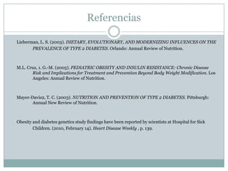 Referencias	Lieberman, L. S. (2003). DIETARY, EVOLUTIONARY, AND MODERNIZING INFLUENCES ON THE PREVALENCE OF TYPE 2 DIABETES. Orlando: Annual Review of Nutrition. 	M.L. Cruz, 1. G.-M. (2005). PEDIATRIC OBESITY AND INSULIN RESISTANCE: Chronic Disease 	Risk and Implications for Treatment and Prevention Beyond Body Weight Modification. Los 	Angeles: Annual Review of Nutrition. 	Mayer-Davis2, T. C. (2003). NUTRITION AND PREVENTION OF TYPE 2 DIABETES. Pittsburgh: 	Annual New Review of Nutrition. 	Obesity and diabetes genetics study findings have been reported by scientists at Hospital for Sick 	Children. (2010, February 14). Heart Disease Weekly , p. 139.