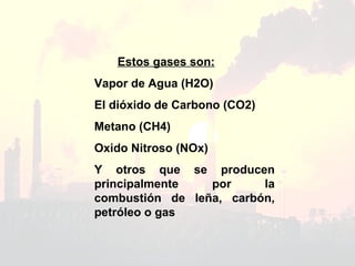 Estos gases son:   Vapor de Agua (H2O) El dióxido de Carbono (CO2) Metano (CH4) Oxido Nitroso (NOx)  Y otros que se producen principalmente por la combustión de leña, carbón, petróleo o gas 