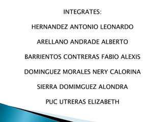 INTEGRATES:HERNANDEZ ANTONIO LEONARDOARELLANO ANDRADE ALBERTOBARRIENTOS CONTRERAS FABIO ALEXISDOMINGUEZ MORALES NERY CALORINASIERRA DOMIMGUEZ ALONDRAPUC UTRERAS ELIZABETH