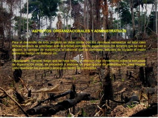 ASPECTOS ORGANIZACIONALES Y ADMINISTRATIVOS


Para el desarrollo de todo proyecto se debe contar con los permisos necesarios en este caso
dichos permisos se solicitaran ante la entidad competente especificando los terrenos que se van a
adquirir, la cantidad de maquinaria, el personal que se contratara, estudios de impacto al medio
ambiente, tiempo de duración etc.

Organigrama General: luego que se haya hecho la elección más conveniente sobre la estructura
de organización inicial, se procederá a elaborar un organigrama de jerarquización, para mostrar
cómo quedarán los puestos y jerarquías dentro de la empresa.
 