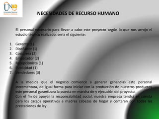 NECESIDADES DE RECURSO HUMANO


     El personal necesario para llevar a cabo este proyecto según lo que nos arrojo el
     estudio técnico realizado, seria el siguiente:

1.   Gerente (1)
2.   Diseñador (1)
3.   Costurera (2)
4.   Empacador (2)
5.   Recepcionista (1)
6.   Publicidad (1)
7.   Vendedores (3)

     A la medida que el negocio comience a generar ganancias este personal
     incrementara, de igual forma para iniciar con la producción de nuestros productos
     este personal garantizara la puesta en marcha de y ejecución del proyecto.
     Con el fin de apoyar la responsabilidad social, nuestra empresa tendrá en cuenta
     para los cargos operativos a madres cabezas de hogar y contaran con todas las
     prestaciones de ley .
 