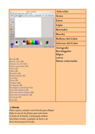 Selección
                                                       Texto
                                                       Linea
                                                       Lápiz
                                                       Borrador
                                                       Brocha
                                                       Relleno del Color
                                                       Selector del Color
                                                       Aerografo
                                                       Rectángulos
                                                       Elipce
Brocha (B)
                                                       curva
Borrar color (O)                                       lineas conectadas
Selector de color (C)
Líneas conectadas (N)
Curva (V)
Elipse (E)
Borrador (A)
Relleno líquido (F)
Línea (L)
Pincel (P)
Polígono (G)
Rectángulo (R)
Rectángulo redondeado (U)
Selección (elíptica) (I)
Selección (mano alzada) (M)
Selección (rectangular) (S)
Aerógrafo (Y)
Texto (T)


 1.1Brocha
Pulse o pulse y arrastre con la brocha para dibujar.
Pulse en una de las formas para seleccionar
la forma de la brocha. Usted puede utilizar
una forma circular, cuadrada, de barra o de
barra inversa para la brocha.
 