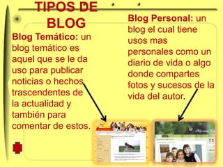 TIPOS DE
                     Blog Personal: un
       BLOG          blog el cual tiene
Blog Temático: un    usos mas
blog temático es     personales como un
aquel que se le da   diario de vida o algo
uso para publicar    donde compartes
noticias o hechos    fotos y sucesos de la
trascendentes de     vida del autor.
la actualidad y
también para
comentar de estos.
 
