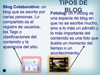 TIPOS DE
Blog Colaborativo: un
blog que es escrito por          BLOG es
                          Fotolog: un Fotolog
varias personas. Lo       una especie de blog en
compartido es el          que no se escribe mucho,
registro de usuarios,     sino a lo más un párrafo y
los Tags o                lo más importante del
clasificaciones del       contenido es una foto que
contenido y la            ilustra un momento del
apariencia del sitio.     tiempo o un
                          acontecimiento.
 