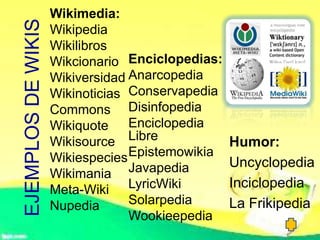 Wikimedia:
EJEMPLOS DE WIKIS   Wikipedia
                    Wikilibros
                    Wikcionario Enciclopedias:
                    Wikiversidad Anarcopedia
                    Wikinoticias Conservapedia
                    Commons Disinfopedia
                    Wikiquote Enciclopedia
                    Wikisource   Libre           Humor:
                    Wikiespecies Epistemowikia
                                 Javapedia       Uncyclopedia
                    Wikimania
                    Meta-Wiki    LyricWiki       Inciclopedia
                    Nupedia      Solarpedia      La Frikipedia
                                 Wookieepedia
 