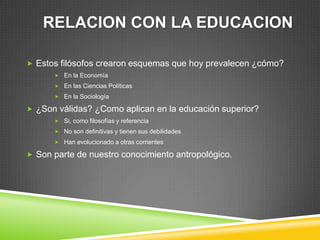 RELACION CON LA EDUCACION

 Estos filósofos crearon esquemas que hoy prevalecen ¿cómo?
       En la Economía

       En las Ciencias Políticas
       En la Sociología

 ¿Son válidas? ¿Como aplican en la educación superior?
       Si, como filosofías y referencia
       No son definitivas y tienen sus debilidades

       Han evolucionado a otras corrientes

 Son parte de nuestro conocimiento antropológico.
 