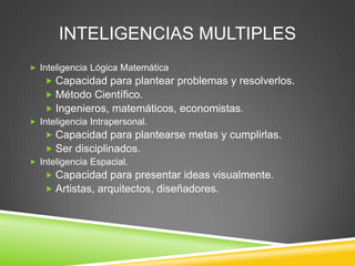 INTELIGENCIAS MULTIPLES
 Inteligencia Lógica Matemática
    Capacidad para plantear problemas y resolverlos.
    Método Científico.
    Ingenieros, matemáticos, economistas.
 Inteligencia Intrapersonal.
    Capacidad para plantearse metas y cumplirlas.
    Ser disciplinados.
 Inteligencia Espacial.
    Capacidad para presentar ideas visualmente.
    Artistas, arquitectos, diseñadores.
 