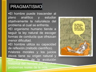 PRAGMATISMO
El hombre puede trascender al
plano     analítico  y    estudiar
objetivamente la naturaleza del
problema al cual se enfrenta.
El organismo humano tiende a
seguir la ley natural de escoger
formas de conducta que ofrezcan
menor dificultad.
El hombre utiliza su capacidad
de reflexión.(método científico).
Valores morales y los juicios
éticos tiene su origen natural y
son producto de la evolución
histórica del hombre por resolver
problemas reales de la vida.
 